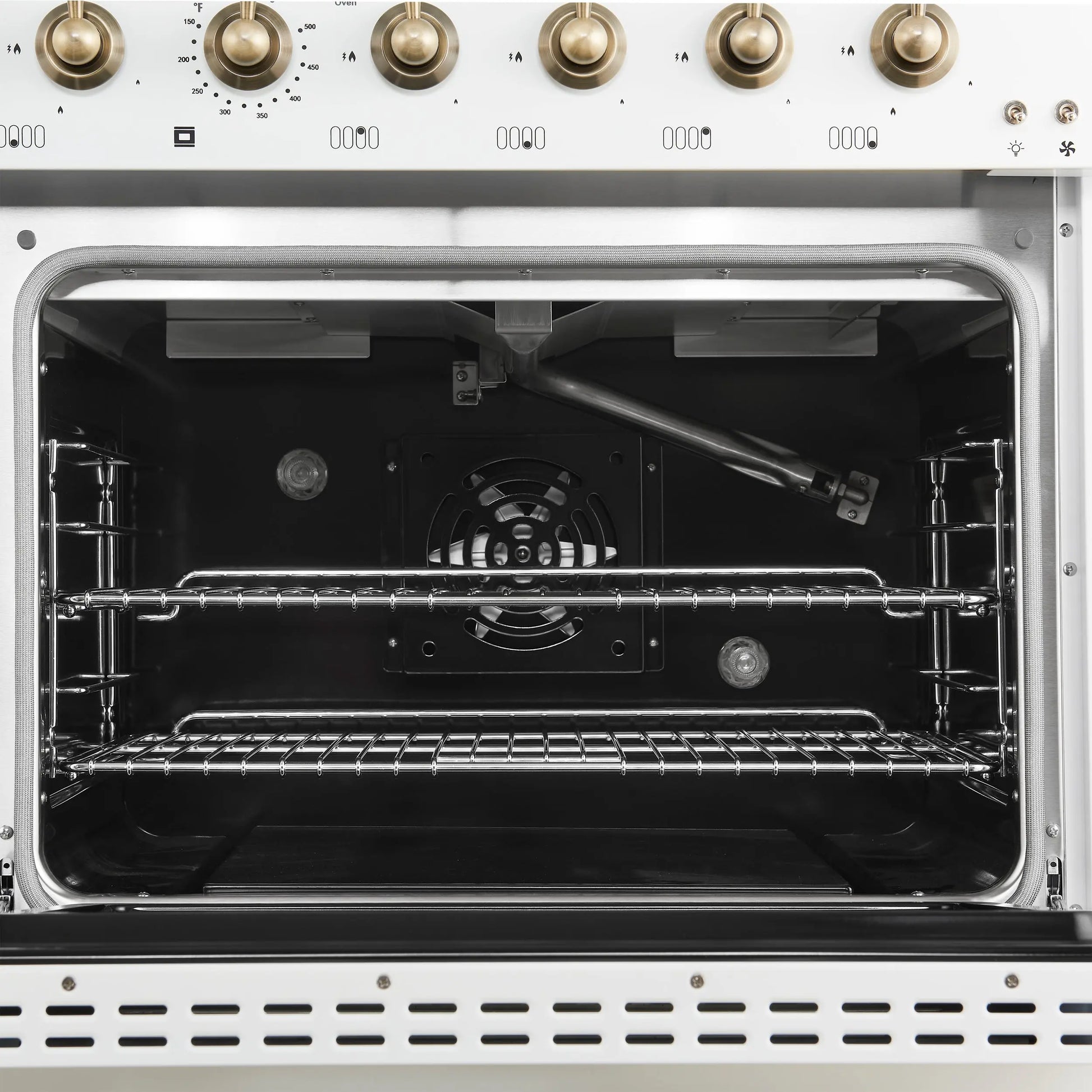 Forno Antico 48-Inch Freestanding Gas Range, White, Antique Brass Design, 8 Burners, Griddle, Double Ovens, Energy Efficient FORNO