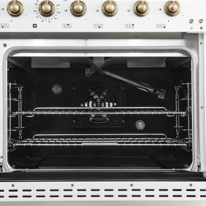 Forno Antico 48-Inch Freestanding Gas Range, White, Antique Brass Design, 8 Burners, Griddle, Double Ovens, Energy Efficient FORNO