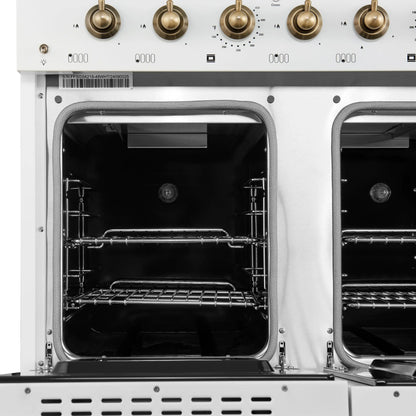 Forno Antico 48-Inch Freestanding Gas Range, White, Antique Brass Design, 8 Burners, Griddle, Double Ovens, Energy Efficient FORNO