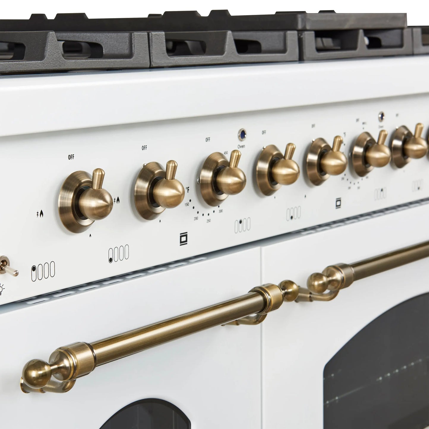 Forno Antico 48-Inch Freestanding Gas Range, White, Antique Brass Design, 8 Burners, Griddle, Double Ovens, Energy Efficient FORNO