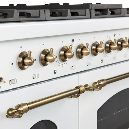 Forno Antico 48-Inch Freestanding Gas Range, White, Antique Brass Design, 8 Burners, Griddle, Double Ovens, Energy Efficient FORNO