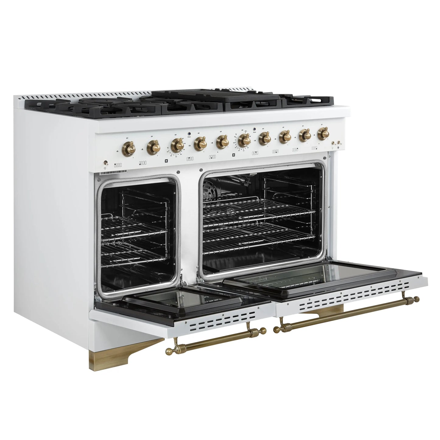 Forno Antico 48-Inch Freestanding Gas Range, White, Antique Brass Design, 8 Burners, Griddle, Double Ovens, Energy Efficient FORNO