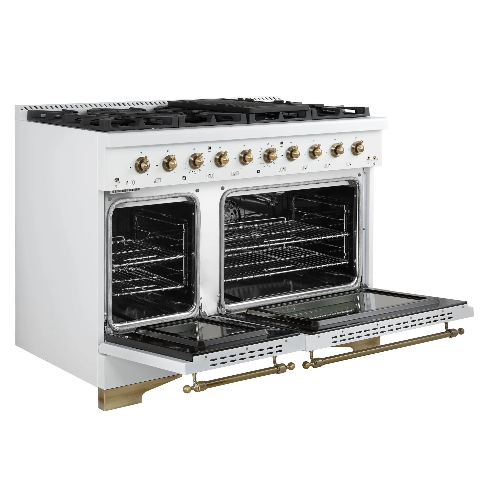 Forno Antico 48-Inch Freestanding Gas Range, White, Antique Brass Design, 8 Burners, Griddle, Double Ovens, Energy Efficient FORNO