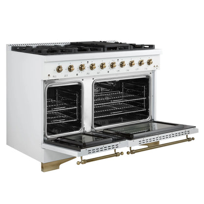 Forno Antico 48-Inch Freestanding Gas Range, White, Antique Brass Design, 8 Burners, Griddle, Double Ovens, Energy Efficient FORNO