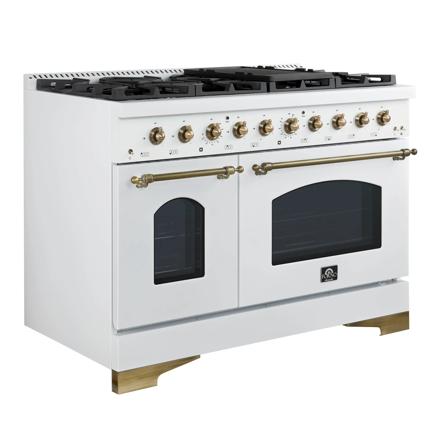 Forno Antico 48-Inch Freestanding Gas Range, White, Antique Brass Design, 8 Burners, Griddle, Double Ovens, Energy Efficient FORNO