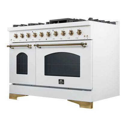 Forno Antico 48-Inch Freestanding Gas Range, White, Antique Brass Design, 8 Burners, Griddle, Double Ovens, Energy Efficient FORNO