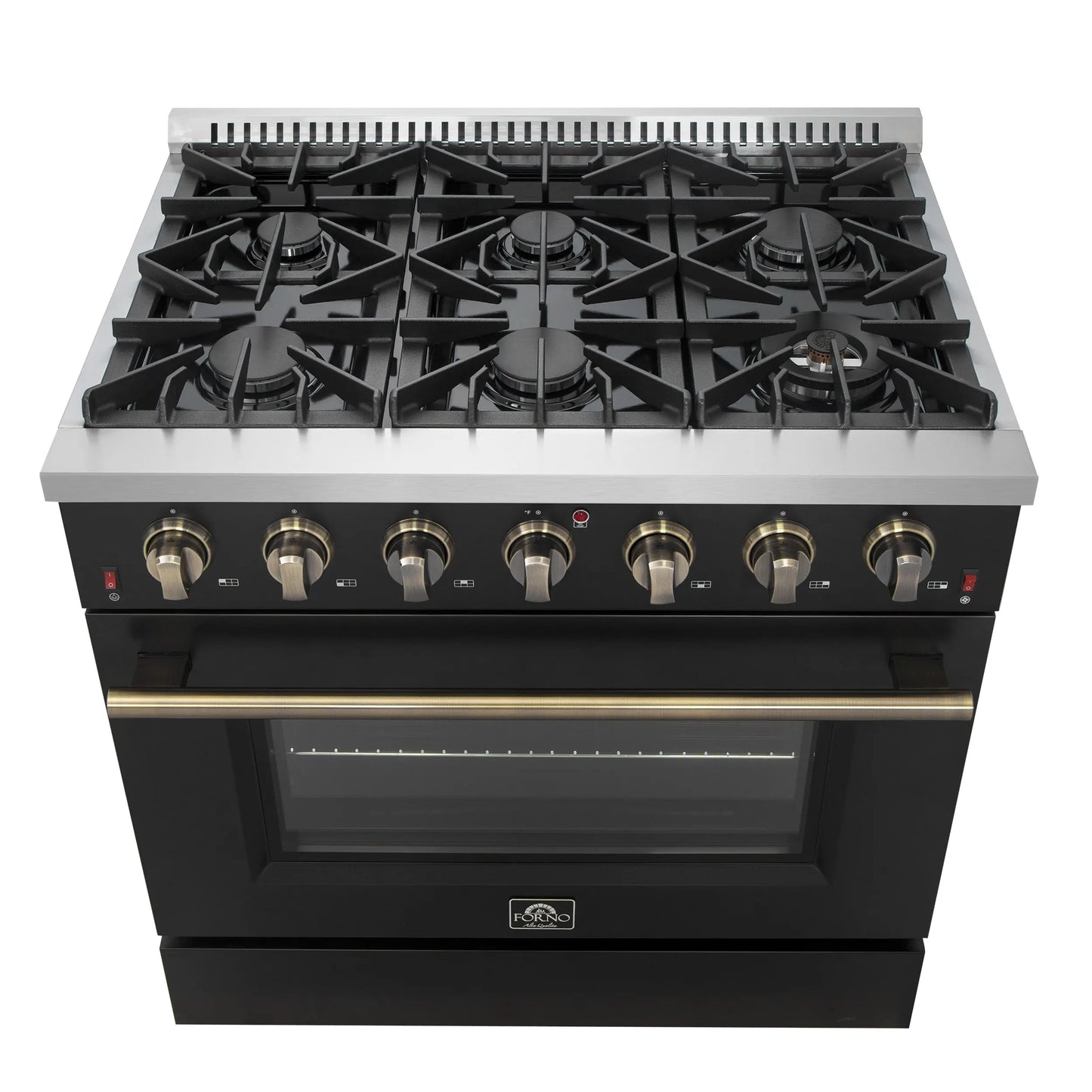 Forno Galiano 36-inch Freestanding Gas Range in Black with Antique Brass Design, 6 Burners, 83,000 BTU, 5.36 cu.ft. Convection Oven FORNO