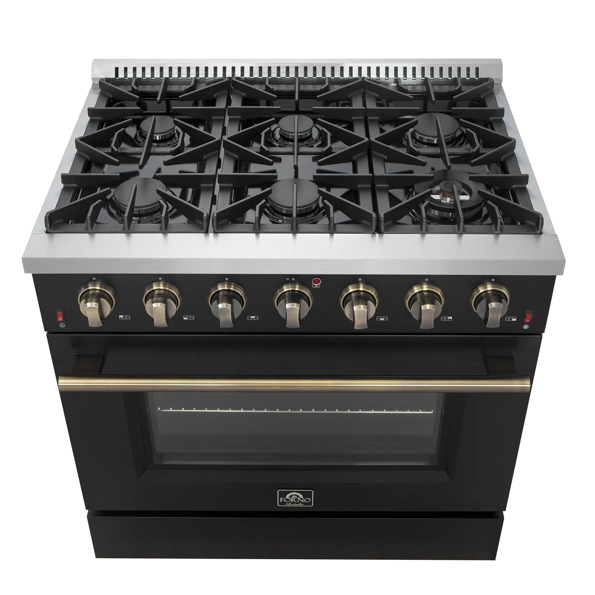 Forno Galiano 36-inch Freestanding Gas Range in Black with Antique Brass Design, 6 Burners, 83,000 BTU, 5.36 cu.ft. Convection Oven FORNO