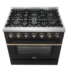 Forno Galiano 36-inch Freestanding Gas Range in Black with Antique Brass Design, 6 Burners, 83,000 BTU, 5.36 cu.ft. Convection Oven FORNO