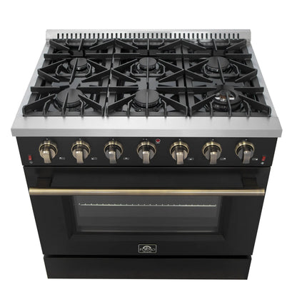 Forno Galiano 36-inch Freestanding Gas Range in Black with Antique Brass Design, 6 Burners, 83,000 BTU, 5.36 cu.ft. Convection Oven FORNO