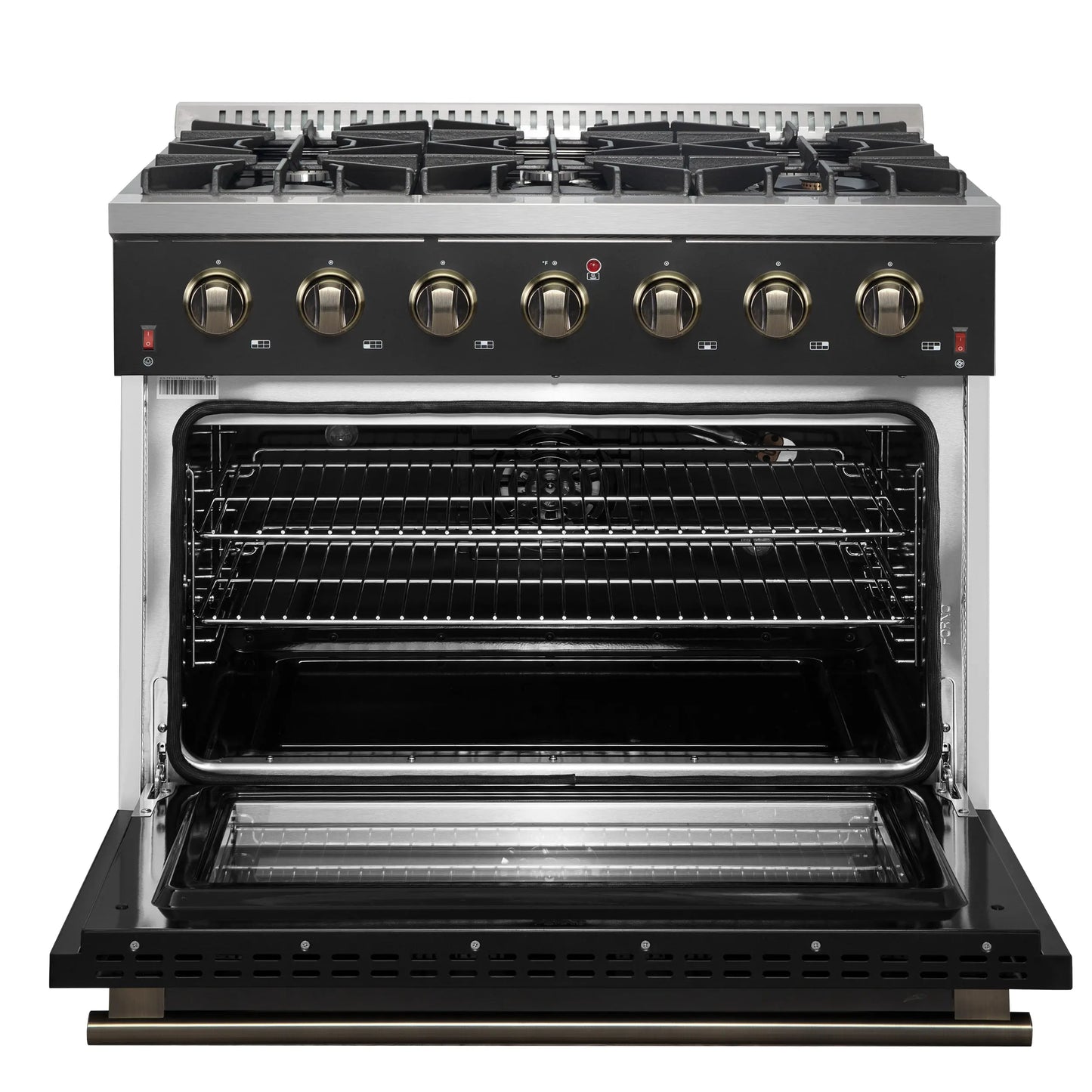 Forno Galiano 36-inch Freestanding Gas Range in Black with Antique Brass Design, 6 Burners, 83,000 BTU, 5.36 cu.ft. Convection Oven FORNO