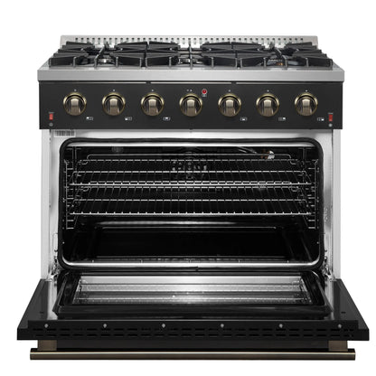 Forno Galiano 36-inch Freestanding Gas Range in Black with Antique Brass Design, 6 Burners, 83,000 BTU, 5.36 cu.ft. Convection Oven FORNO