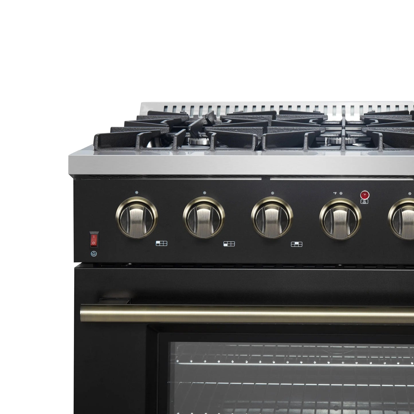 Forno Galiano 36-inch Freestanding Gas Range in Black with Antique Brass Design, 6 Burners, 83,000 BTU, 5.36 cu.ft. Convection Oven FORNO