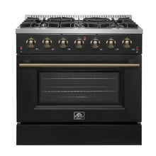 Forno Galiano 36-inch Freestanding Gas Range in Black with Antique Brass Design, 6 Burners, 83,000 BTU, 5.36 cu.ft. Convection Oven FORNO