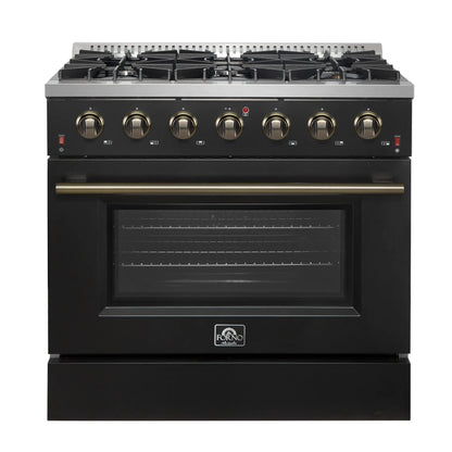 Forno Galiano 36-inch Freestanding Gas Range in Black with Antique Brass Design, 6 Burners, 83,000 BTU, 5.36 cu.ft. Convection Oven FORNO