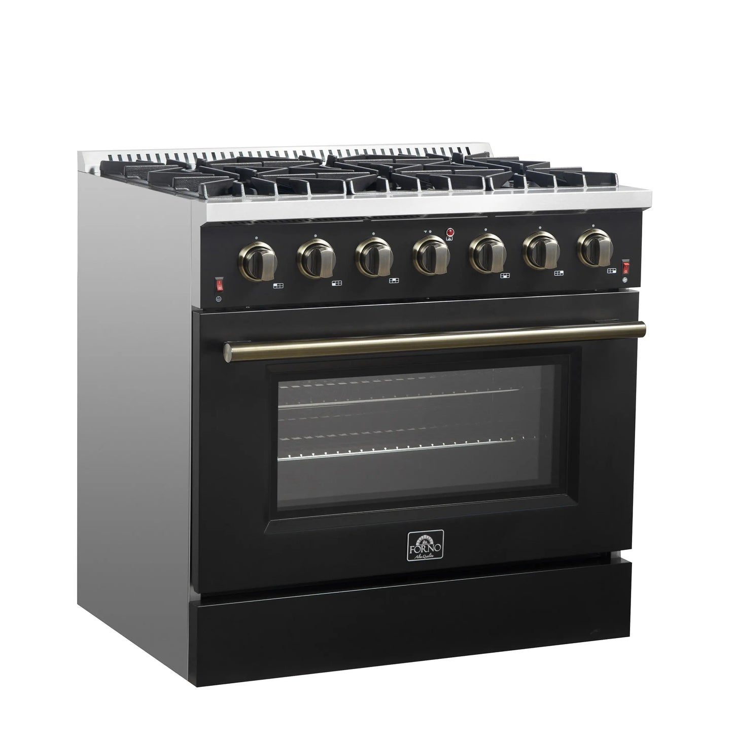 Forno Galiano 36-inch Freestanding Gas Range in Black with Antique Brass Design, 6 Burners, 83,000 BTU, 5.36 cu.ft. Convection Oven FORNO