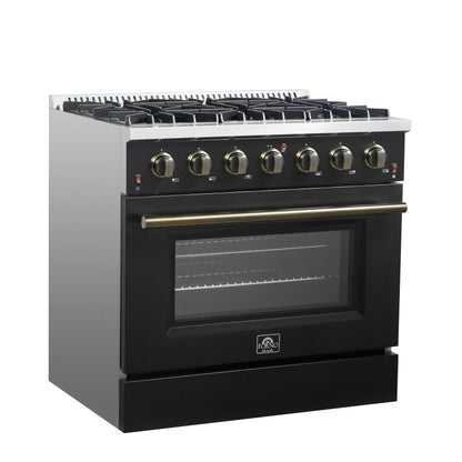 Forno Galiano 36-inch Freestanding Gas Range in Black with Antique Brass Design, 6 Burners, 83,000 BTU, 5.36 cu.ft. Convection Oven FORNO