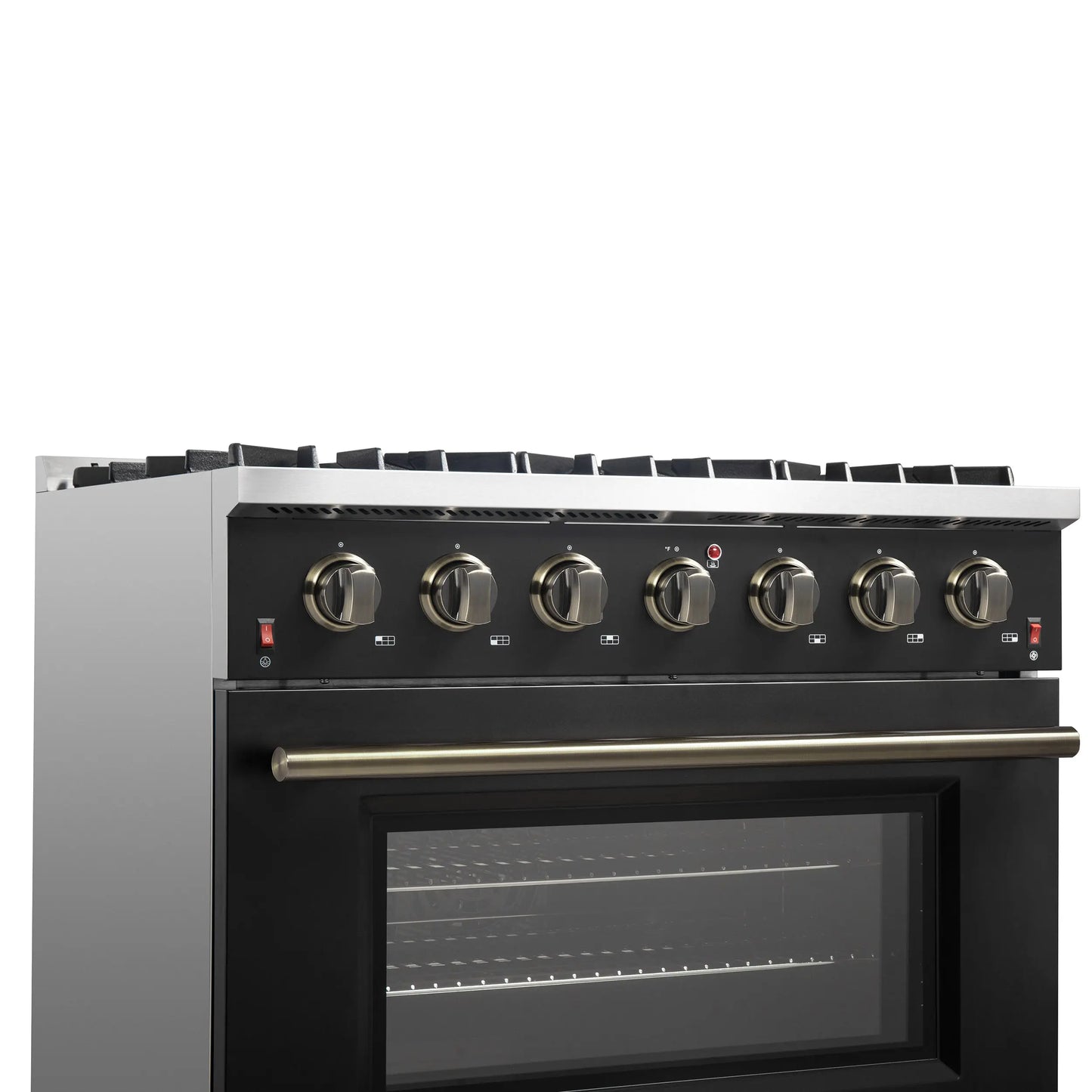 Forno Galiano 36-inch Freestanding Gas Range in Black with Antique Brass Design, 6 Burners, 83,000 BTU, 5.36 cu.ft. Convection Oven FORNO