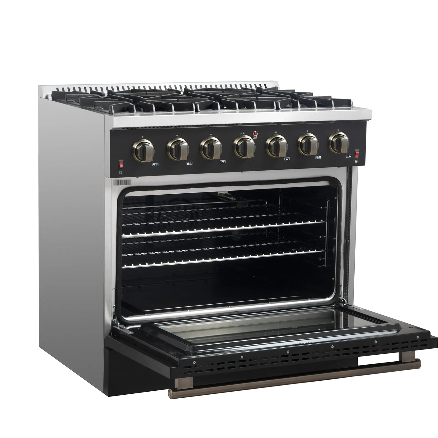 Forno Galiano 36-inch Freestanding Gas Range in Black with Antique Brass Design, 6 Burners, 83,000 BTU, 5.36 cu.ft. Convection Oven FORNO