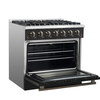 Forno Galiano 36-inch Freestanding Gas Range in Black with Antique Brass Design, 6 Burners, 83,000 BTU, 5.36 cu.ft. Convection Oven FORNO