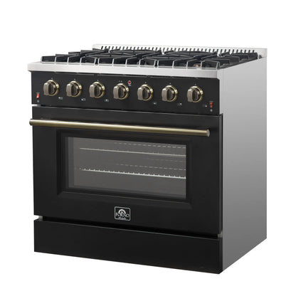 Forno Galiano 36-inch Freestanding Gas Range in Black with Antique Brass Design, 6 Burners, 83,000 BTU, 5.36 cu.ft. Convection Oven FORNO
