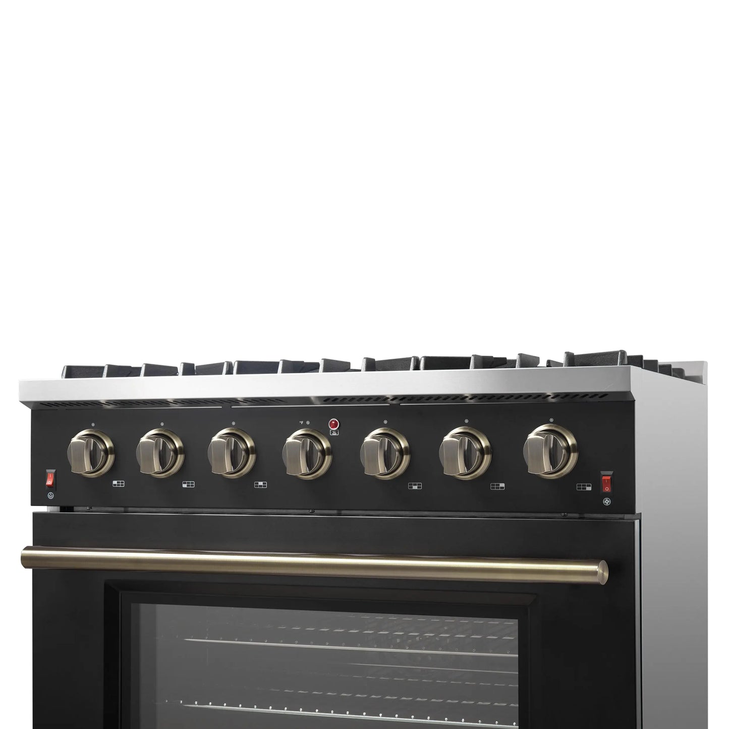 Forno Galiano 36-inch Freestanding Gas Range in Black with Antique Brass Design, 6 Burners, 83,000 BTU, 5.36 cu.ft. Convection Oven FORNO