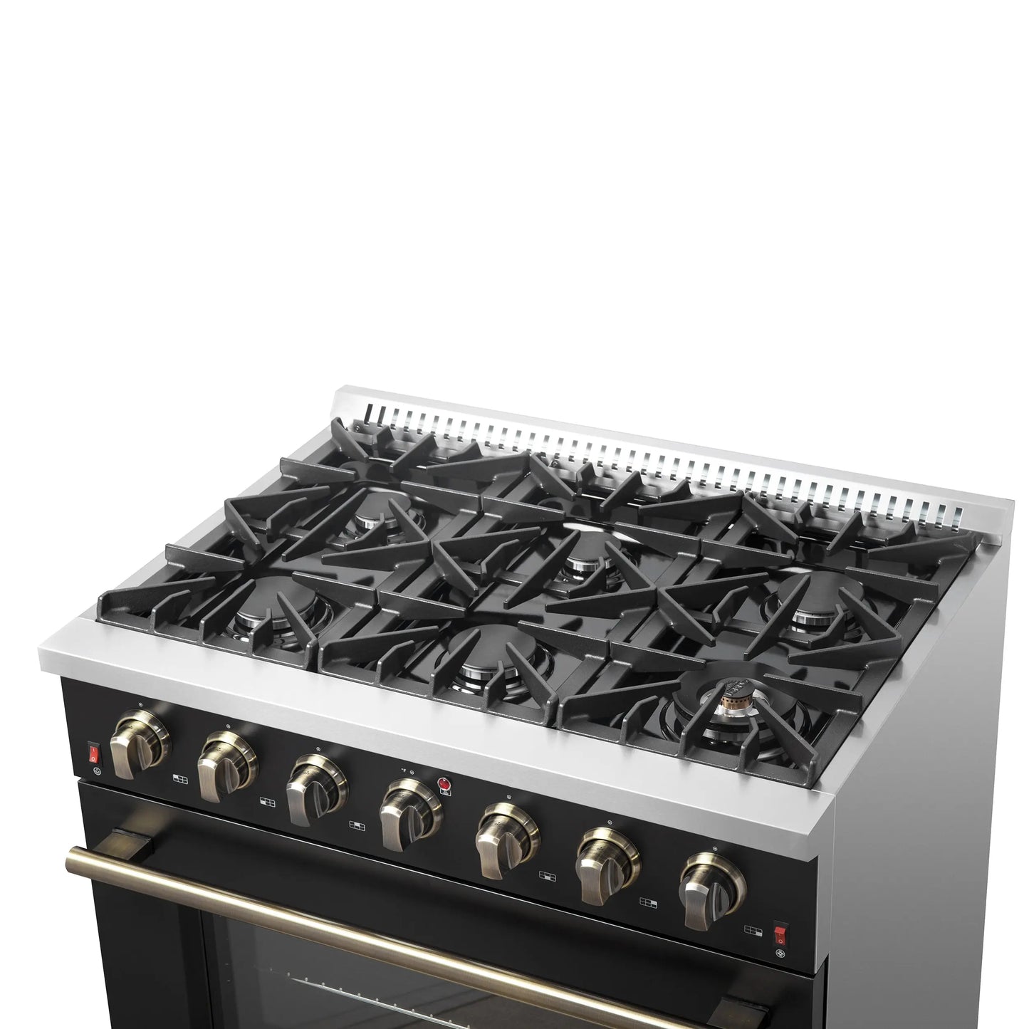 Forno Galiano 36-inch Freestanding Gas Range in Black with Antique Brass Design, 6 Burners, 83,000 BTU, 5.36 cu.ft. Convection Oven FORNO