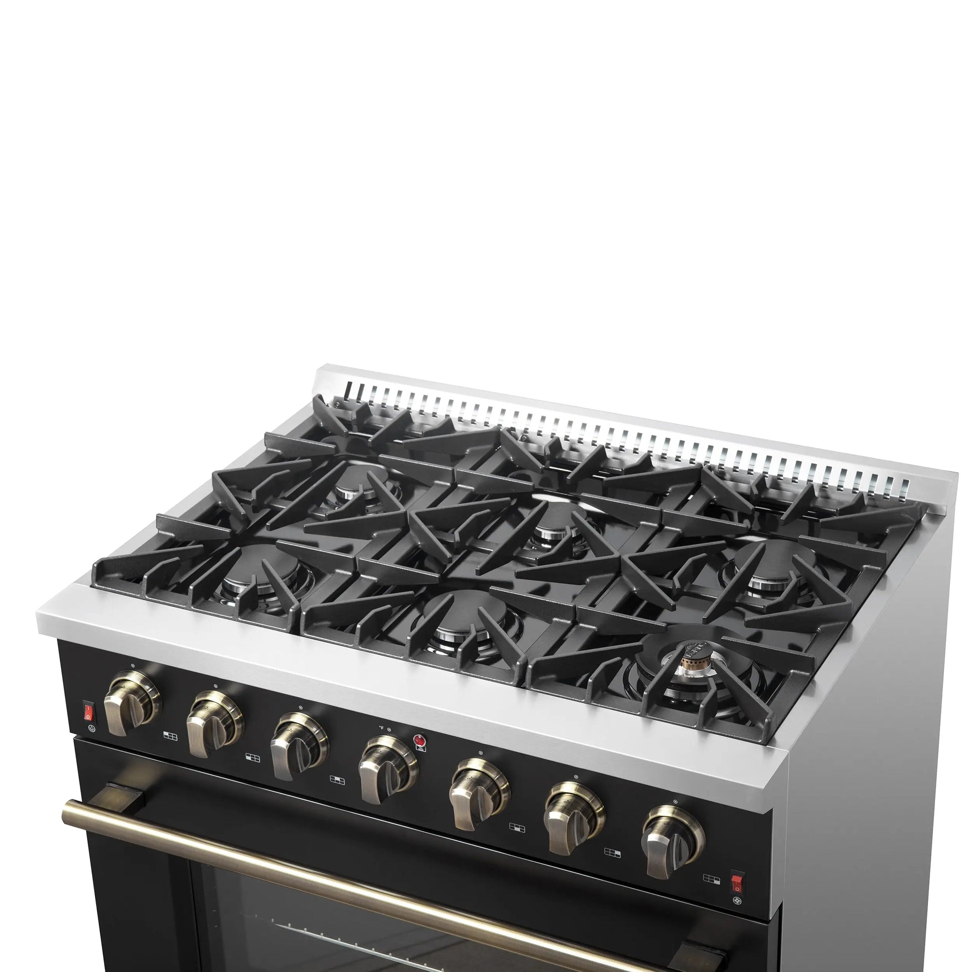 Forno Galiano 36-inch Freestanding Gas Range in Black with Antique Brass Design, 6 Burners, 83,000 BTU, 5.36 cu.ft. Convection Oven FORNO