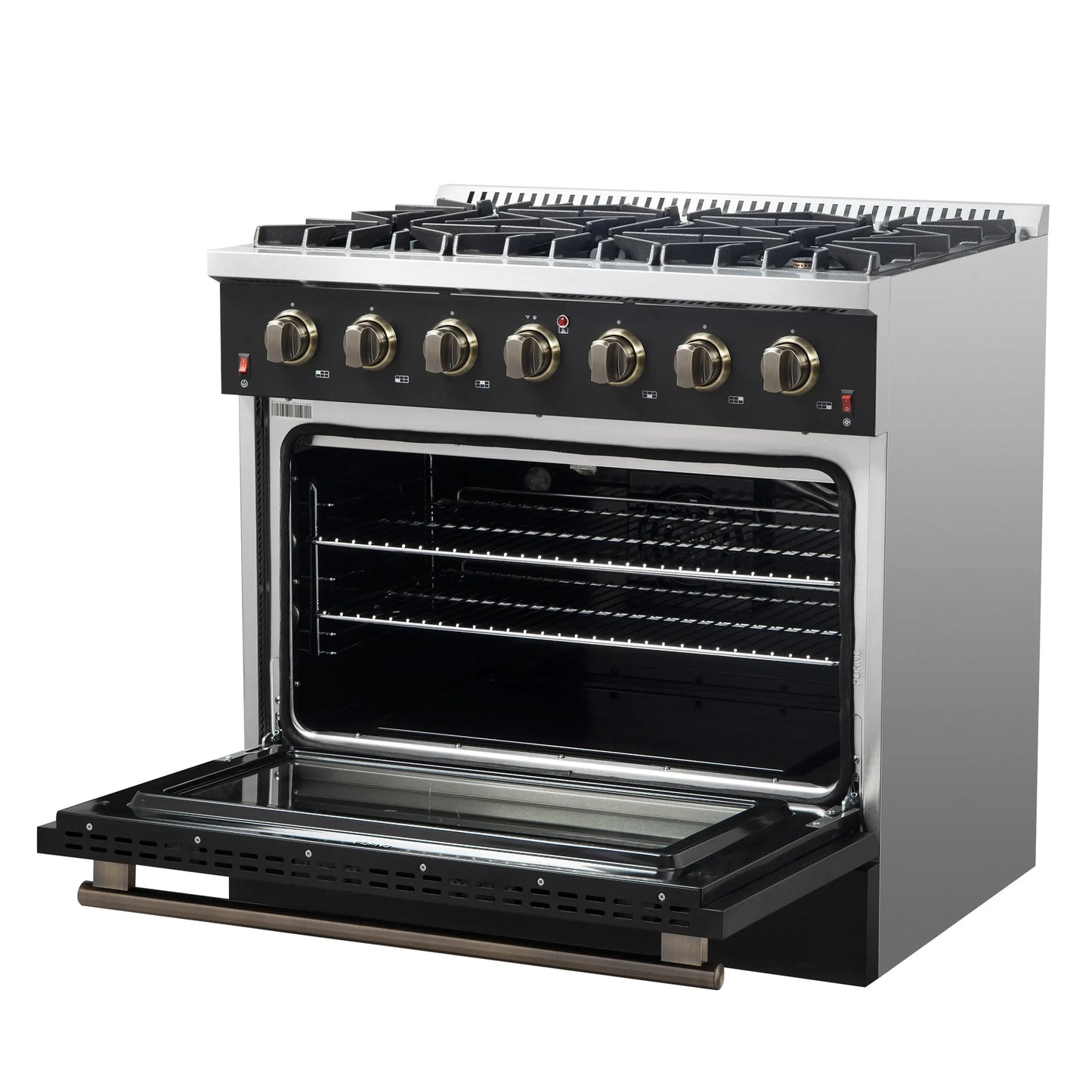 Forno Galiano 36-inch Freestanding Gas Range in Black with Antique Brass Design, 6 Burners, 83,000 BTU, 5.36 cu.ft. Convection Oven FORNO