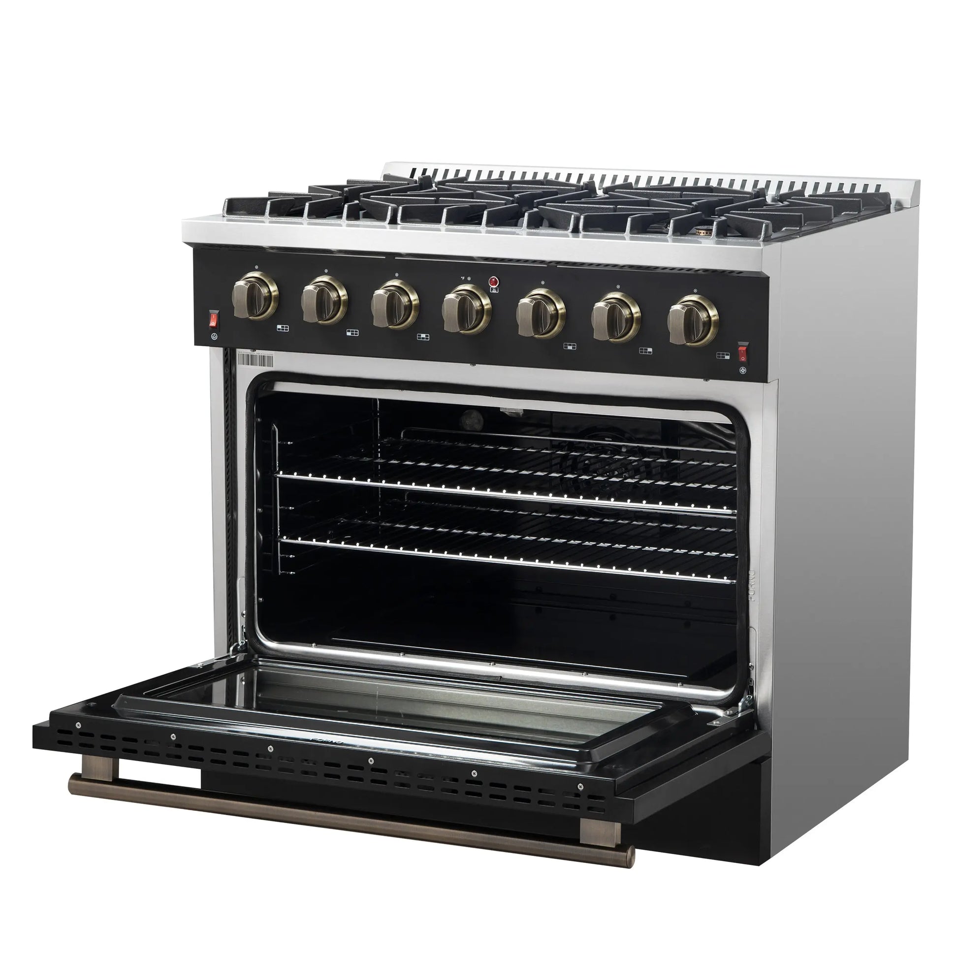 Forno Galiano 36-inch Freestanding Gas Range in Black with Antique Brass Design, 6 Burners, 83,000 BTU, 5.36 cu.ft. Convection Oven FORNO