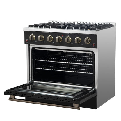 Forno Galiano 36-inch Freestanding Gas Range in Black with Antique Brass Design, 6 Burners, 83,000 BTU, 5.36 cu.ft. Convection Oven FORNO