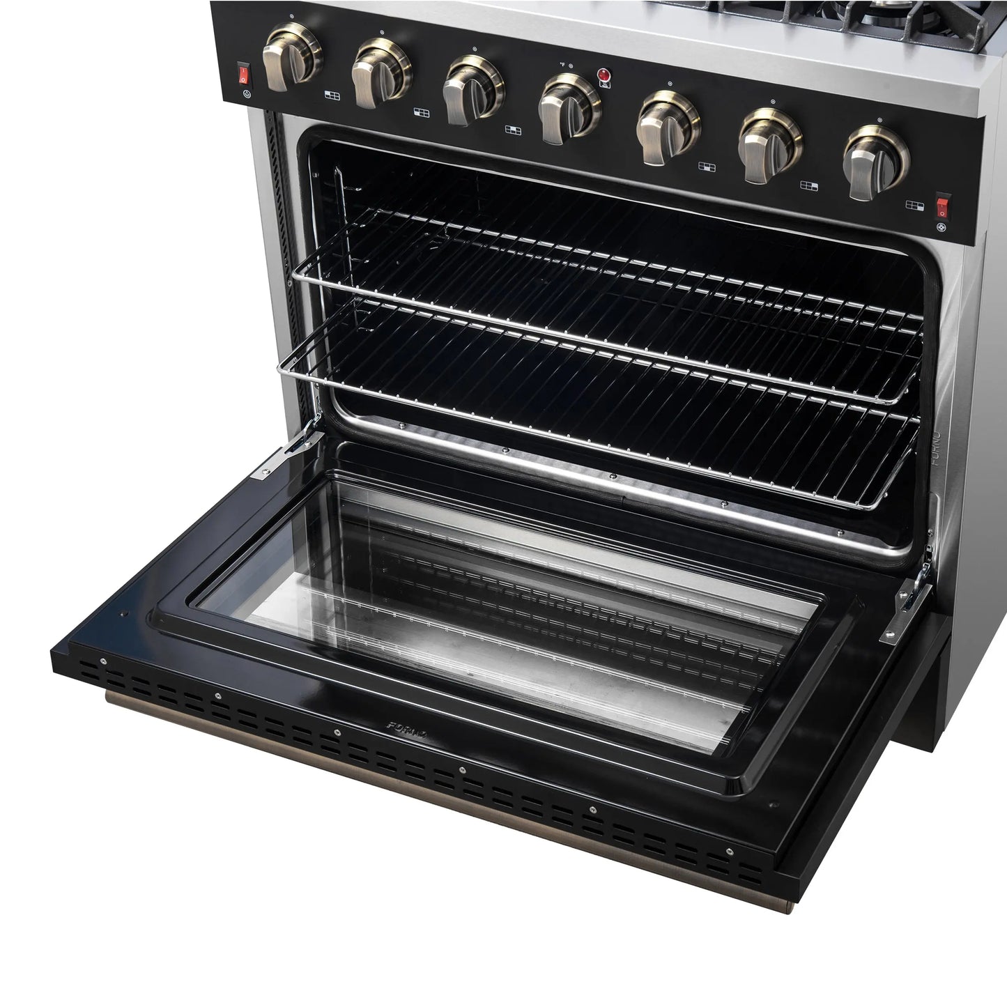 Forno Galiano 36-inch Freestanding Gas Range in Black with Antique Brass Design, 6 Burners, 83,000 BTU, 5.36 cu.ft. Convection Oven FORNO