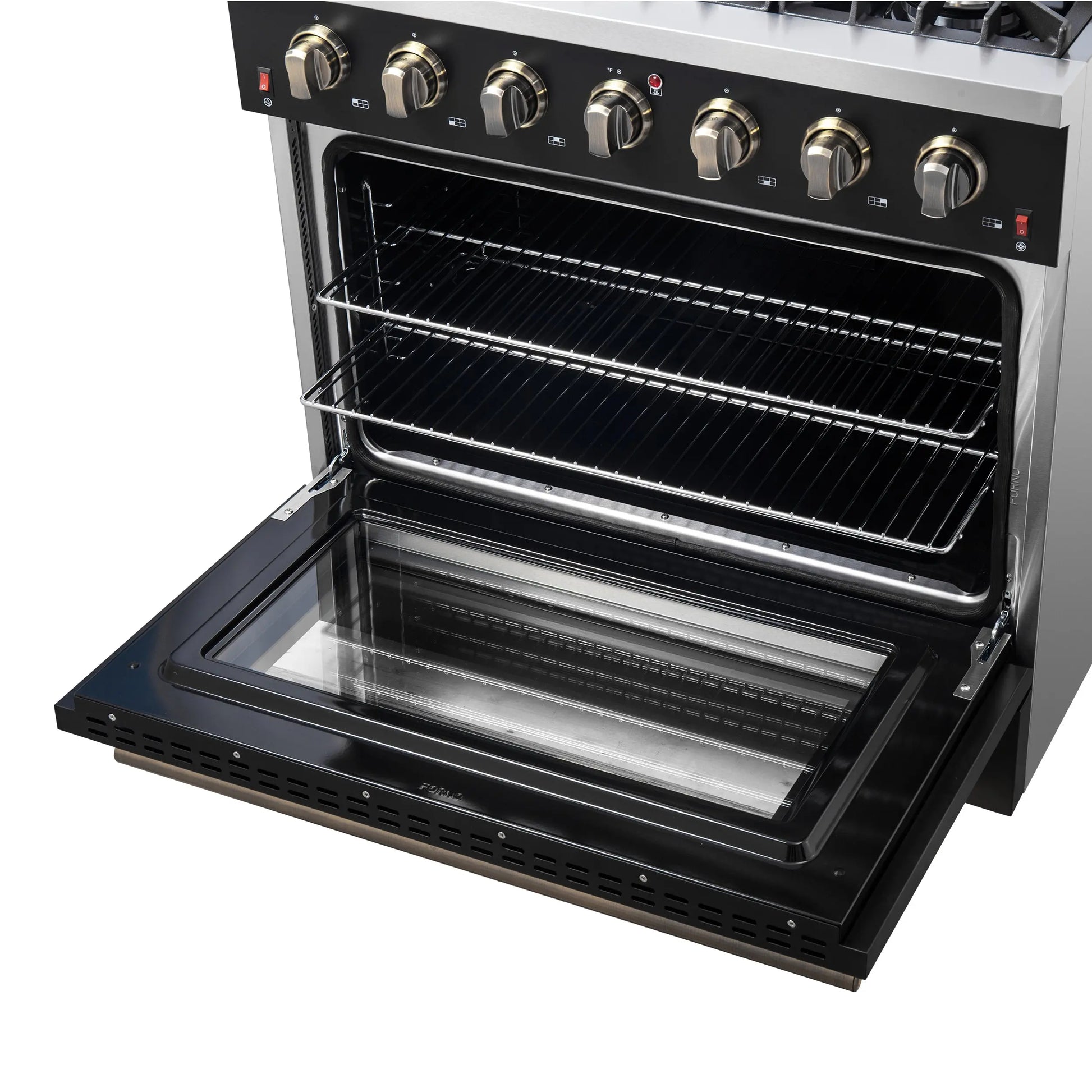 Forno Galiano 36-inch Freestanding Gas Range in Black with Antique Brass Design, 6 Burners, 83,000 BTU, 5.36 cu.ft. Convection Oven FORNO