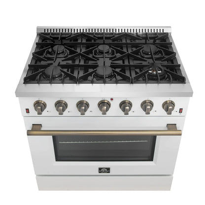 Forno Galiano 36-inch Freestanding Gas Range in White with Antique Brass Design, 6 Burners, 83,000 BTU, 5.36 cu.ft. Convection Oven FORNO