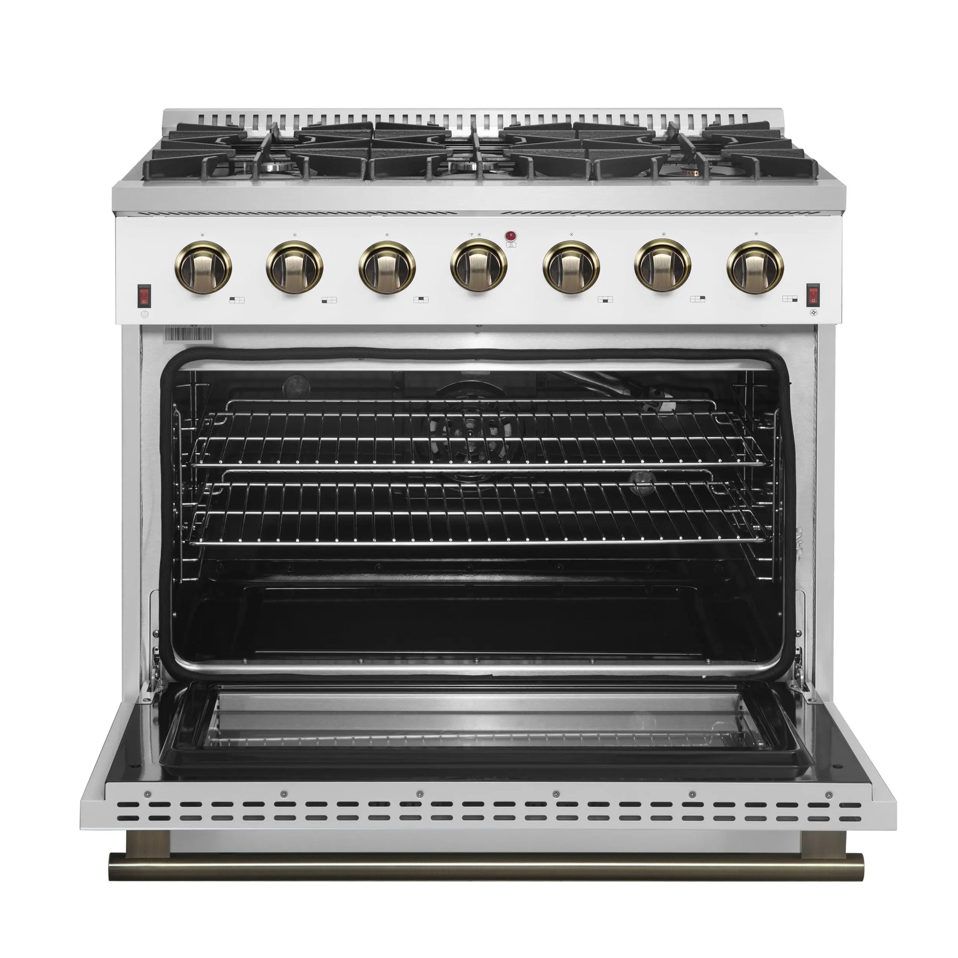 Forno Galiano 36-inch Freestanding Gas Range in White with Antique Brass Design, 6 Burners, 83,000 BTU, 5.36 cu.ft. Convection Oven FORNO