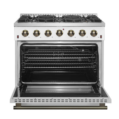 Forno Galiano 36-inch Freestanding Gas Range in White with Antique Brass Design, 6 Burners, 83,000 BTU, 5.36 cu.ft. Convection Oven FORNO
