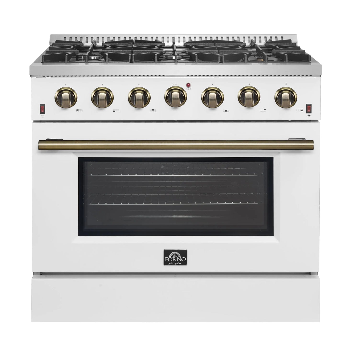 Forno Galiano 36-inch Freestanding Gas Range in White with Antique Brass Design, 6 Burners, 83,000 BTU, 5.36 cu.ft. Convection Oven FORNO