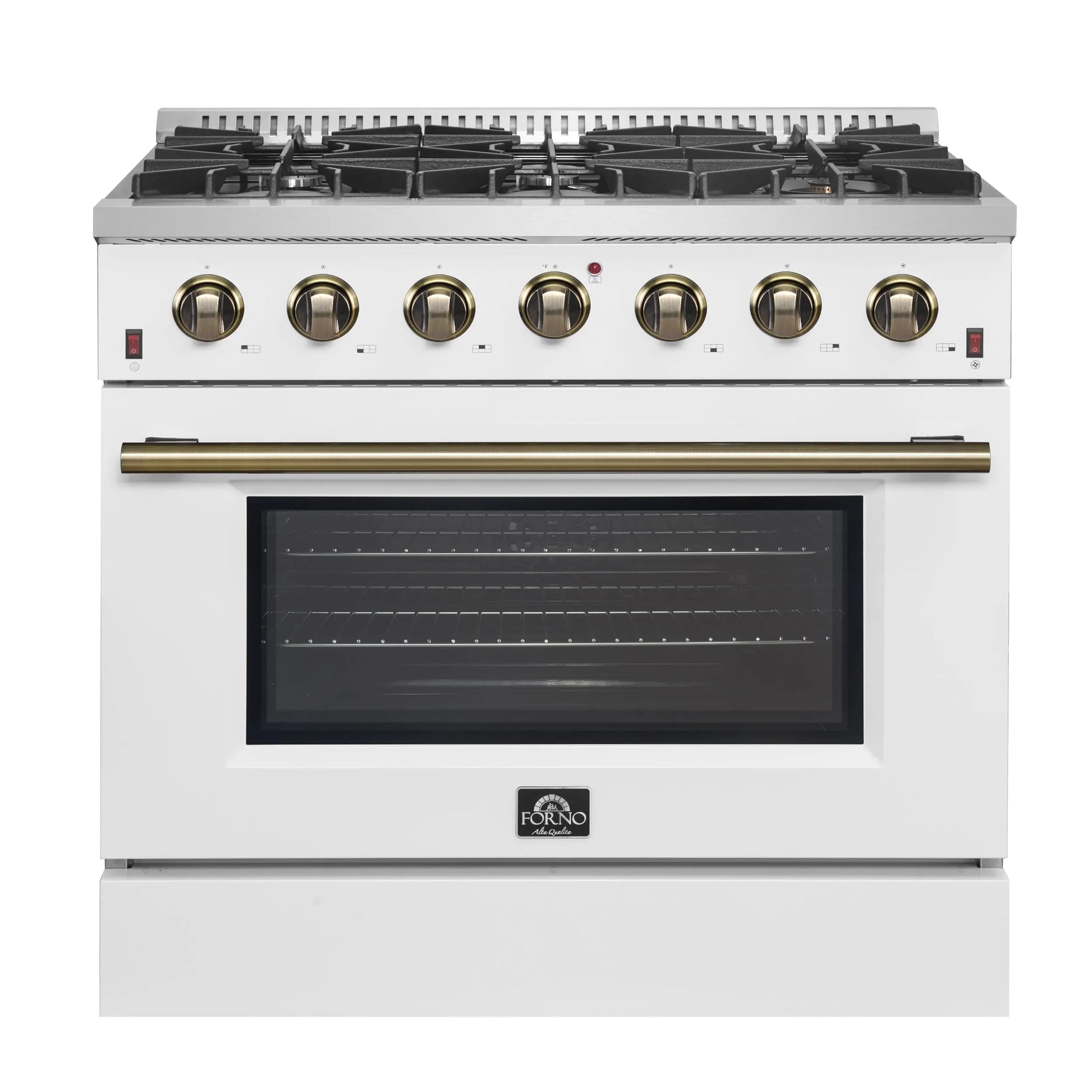 Forno Galiano 36-inch Freestanding Gas Range in White with Antique Brass Design, 6 Burners, 83,000 BTU, 5.36 cu.ft. Convection Oven FORNO