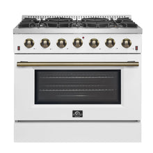 Forno Galiano 36-inch Freestanding Gas Range in White with Antique Brass Design, 6 Burners, 83,000 BTU, 5.36 cu.ft. Convection Oven FORNO