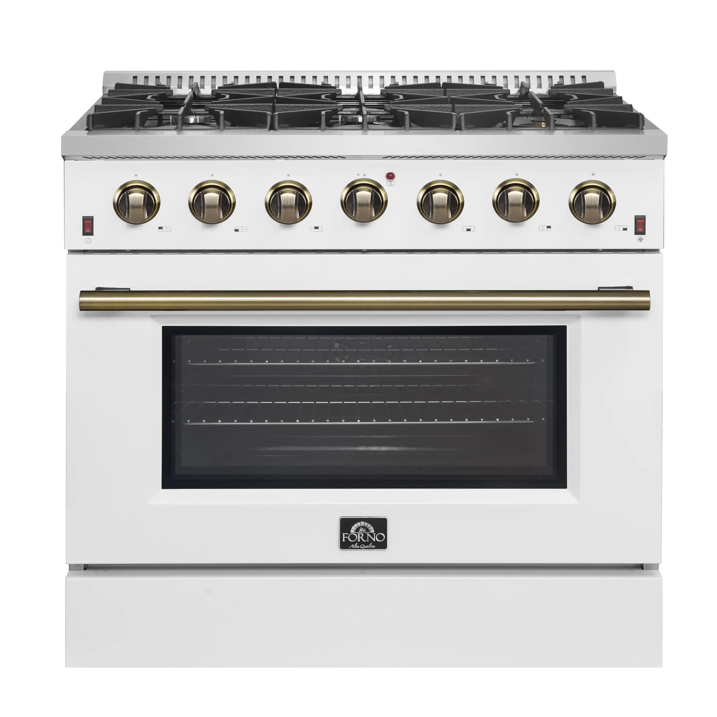 Forno Galiano 36-inch Freestanding Gas Range in White with Antique Brass Design, 6 Burners, 83,000 BTU, 5.36 cu.ft. Convection Oven FORNO
