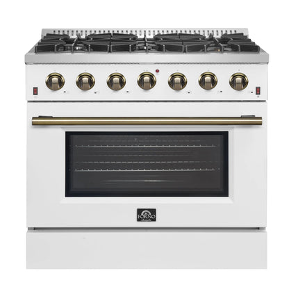 Forno Galiano 36-inch Freestanding Gas Range in White with Antique Brass Design, 6 Burners, 83,000 BTU, 5.36 cu.ft. Convection Oven FORNO