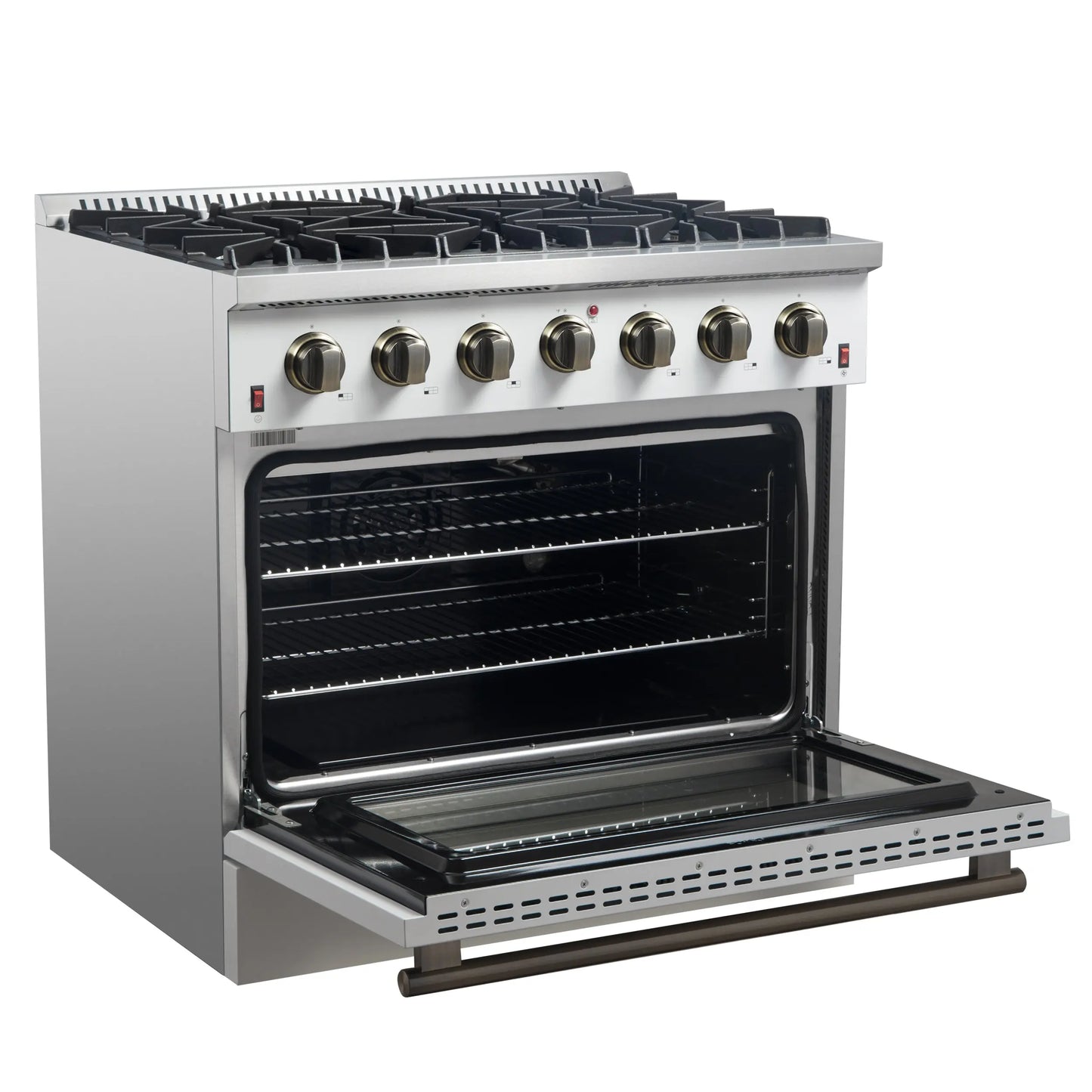 Forno Galiano 36-inch Freestanding Gas Range in White with Antique Brass Design, 6 Burners, 83,000 BTU, 5.36 cu.ft. Convection Oven FORNO