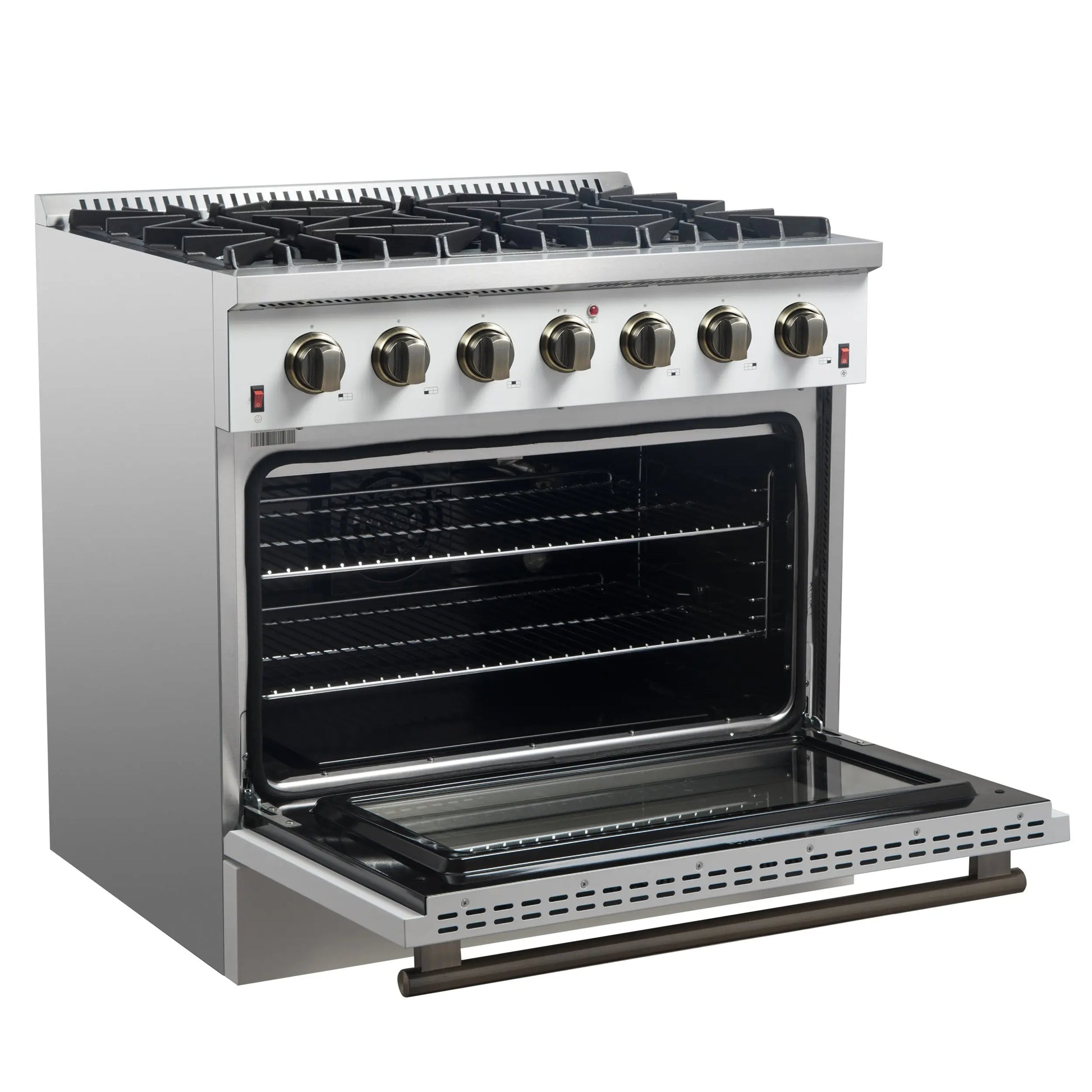 Forno Galiano 36-inch Freestanding Gas Range in White with Antique Brass Design, 6 Burners, 83,000 BTU, 5.36 cu.ft. Convection Oven FORNO