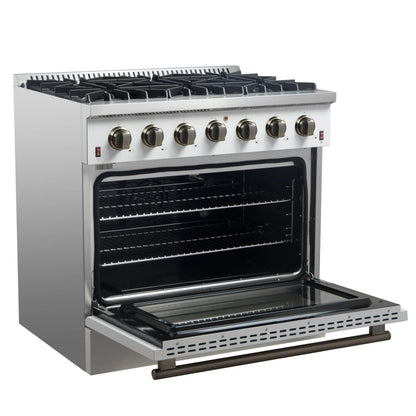 Forno Galiano 36-inch Freestanding Gas Range in White with Antique Brass Design, 6 Burners, 83,000 BTU, 5.36 cu.ft. Convection Oven FORNO