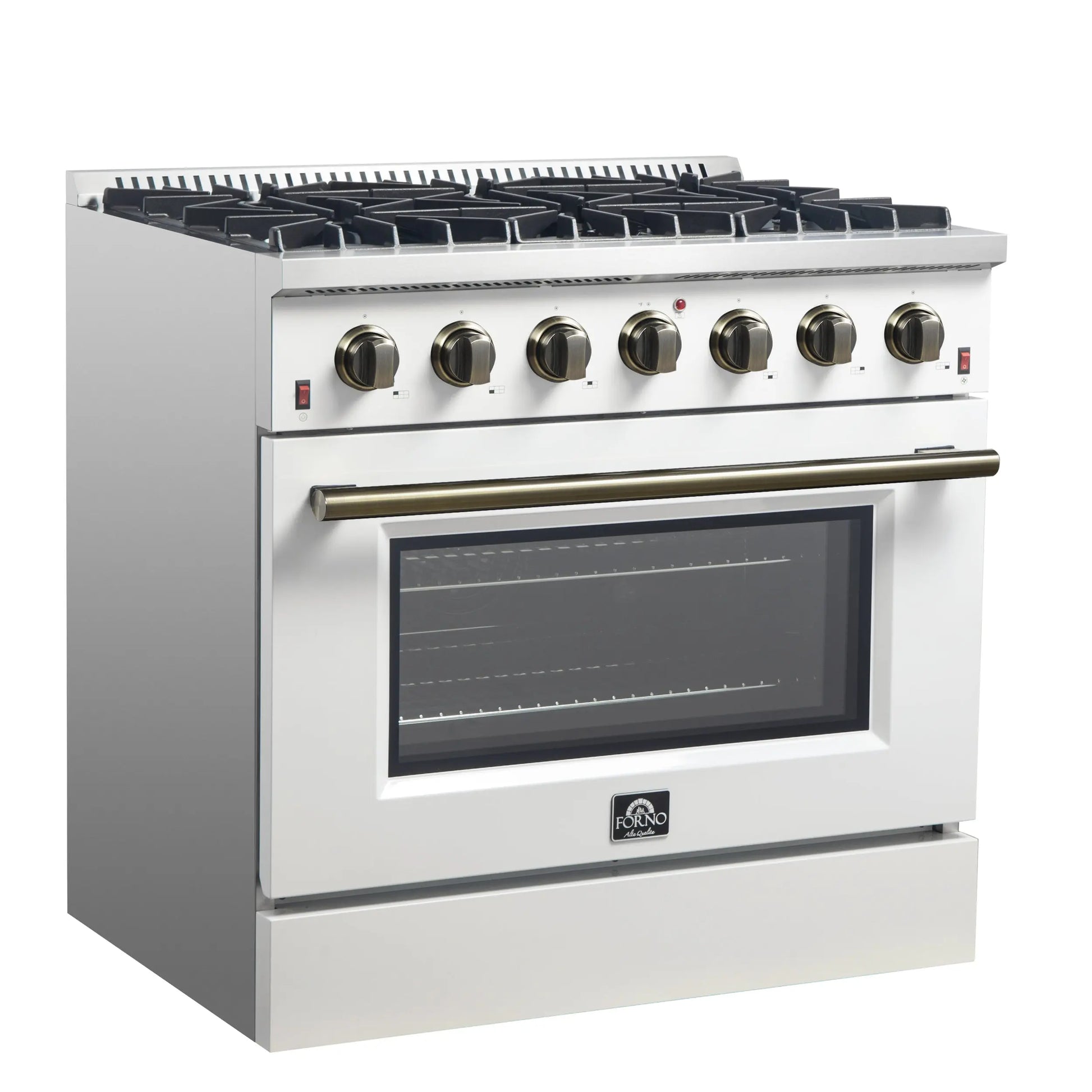 Forno Galiano 36-inch Freestanding Gas Range in White with Antique Brass Design, 6 Burners, 83,000 BTU, 5.36 cu.ft. Convection Oven FORNO