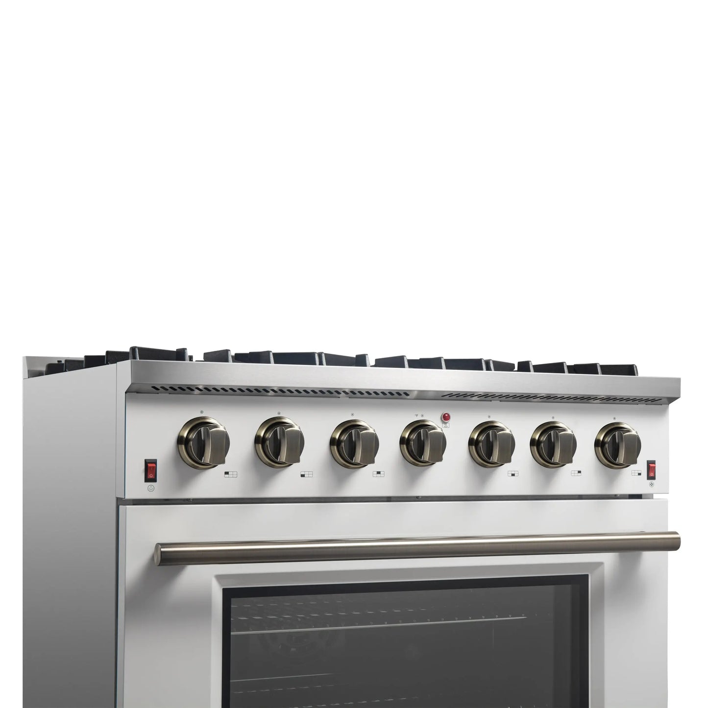 Forno Galiano 36-inch Freestanding Gas Range in White with Antique Brass Design, 6 Burners, 83,000 BTU, 5.36 cu.ft. Convection Oven FORNO