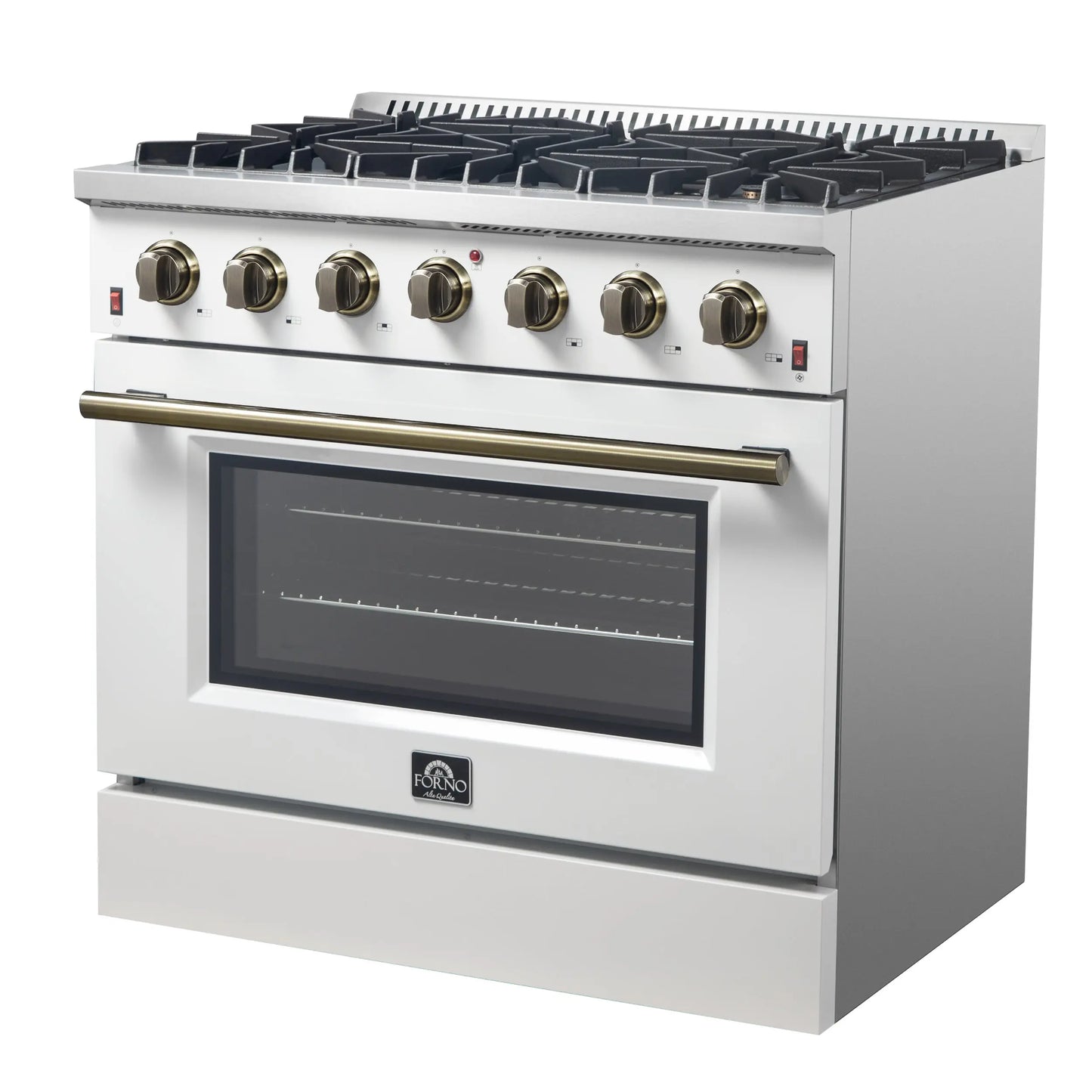 Forno Galiano 36-inch Freestanding Gas Range in White with Antique Brass Design, 6 Burners, 83,000 BTU, 5.36 cu.ft. Convection Oven FORNO