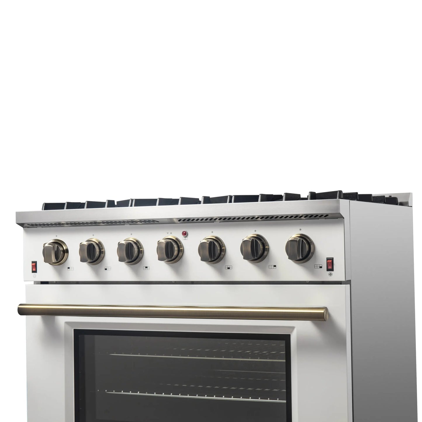 Forno Galiano 36-inch Freestanding Gas Range in White with Antique Brass Design, 6 Burners, 83,000 BTU, 5.36 cu.ft. Convection Oven FORNO