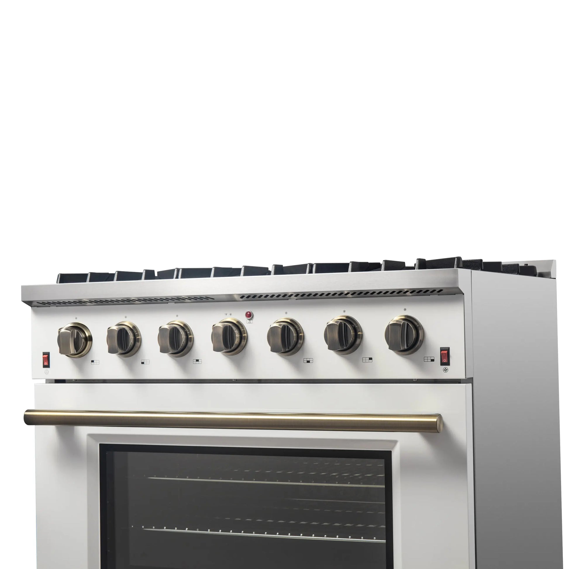 Forno Galiano 36-inch Freestanding Gas Range in White with Antique Brass Design, 6 Burners, 83,000 BTU, 5.36 cu.ft. Convection Oven FORNO