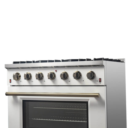Forno Galiano 36-inch Freestanding Gas Range in White with Antique Brass Design, 6 Burners, 83,000 BTU, 5.36 cu.ft. Convection Oven FORNO